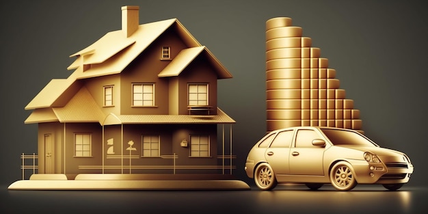 Dom i samochód ze złotą monetą z pomysłem na wykres dla tematu inwestycyjnego