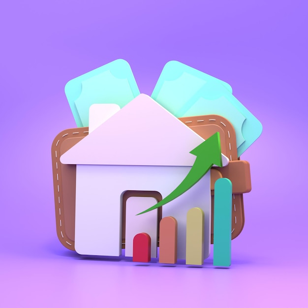 Dom i wykres wzrostu Koncepcja zakupu domu render 3d