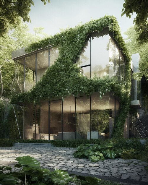Dom jest wykonany ze szkła i ma zielony dach.