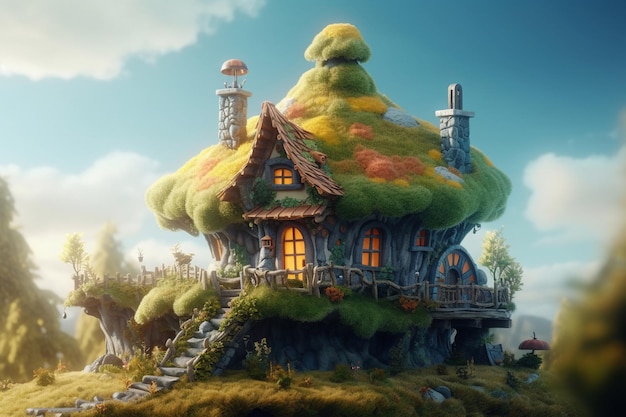 Dom kryty strzechą i zielonym dachem