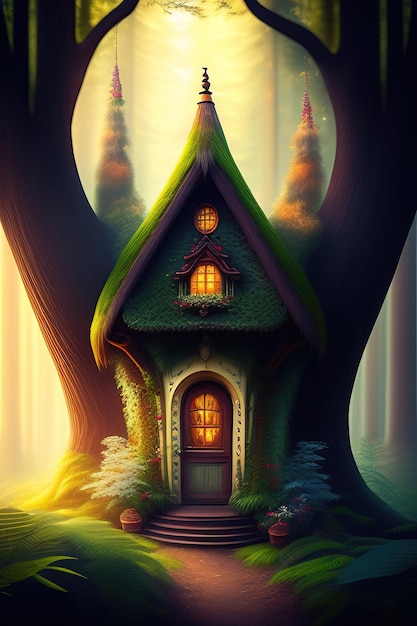 Dom małego bajkowego stworzenia w magicznym lesie
