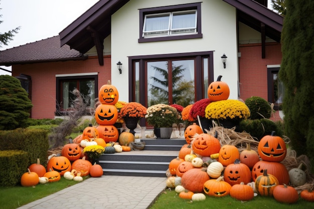 Dom mieszkalny ozdobiony dyniami na Halloween