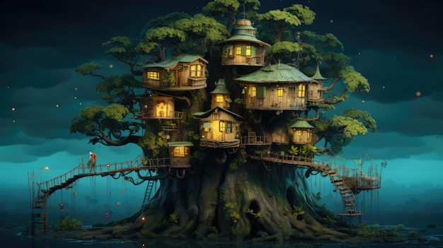 Dom na drzewie wygenerowany przez sztuczną inteligencję