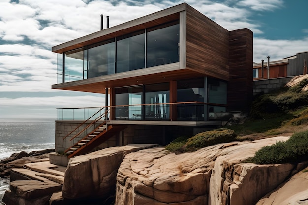 Dom na klifie z widokiem na ocean i drewnianą konstrukcją z dużym oknem.