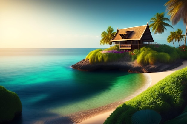 Dom na plaży z palmami i słońcem
