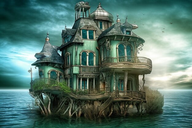 Zdjęcie dom na pływającej wyspie z schodami prowadzącymi na górny poziom generatywny ai