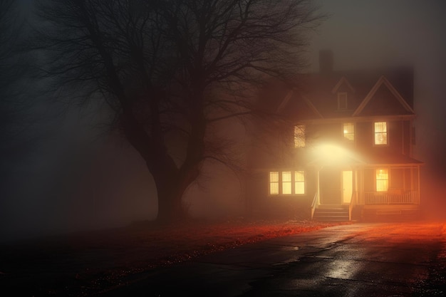 Zdjęcie dom na przedmieściach na mglistym wzgórzu