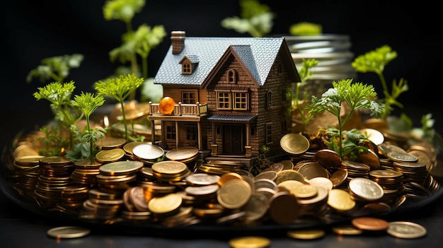Dom na stosie złotych monet i pieniądze na stole koncepcja finansowania kredytu i kredytu hipotecznego domu