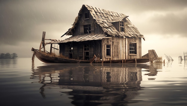 Dom na wodzie z krytym strzechą dachem stoi na wodzie