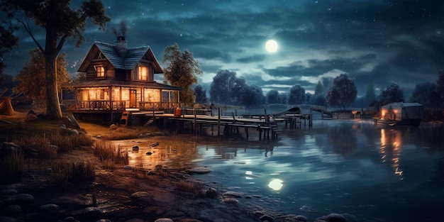 Dom nad jeziorem nocą