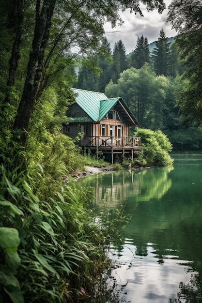 Dom nad jeziorem w lesie