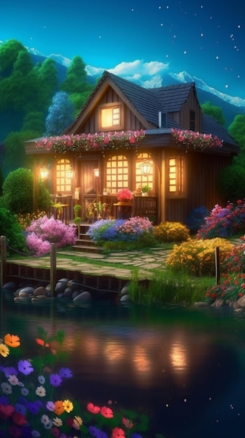 Dom nad wodą z kwiatami