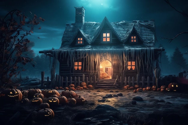 Dom nawiedzony na Halloween koncepcja uroczystości Straszny dom z opuszczonym budynkiem i dynią