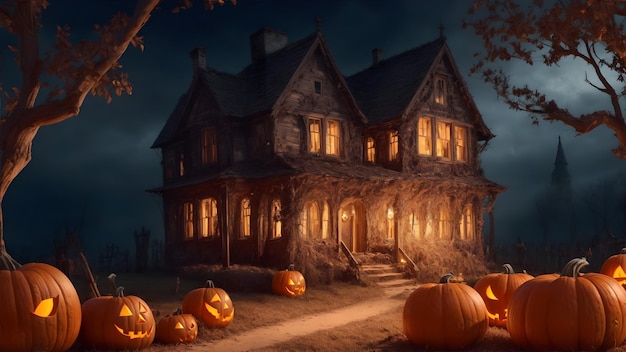 Dom nawiedzony na Halloween z przerażającą dynią