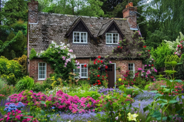 Dom otoczony kolorowymi kwiatami i zielenią