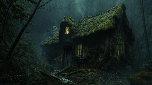 Zdjęcie dom pokryty mchem stoi w sercu gęstego lasu otoczonego drzewami i zielenią.