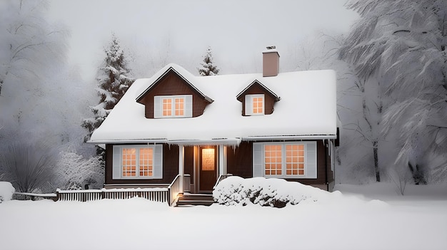 Dom pokryty śniegiem z napisem właściciele domów z przodu.
