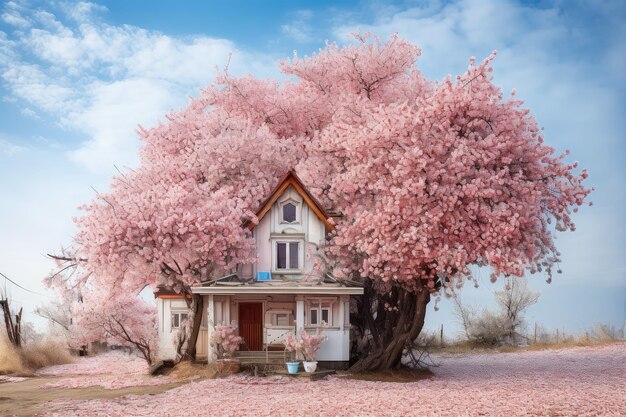 Dom połączony z drzewem Przednia wiśnia Generuj Ai