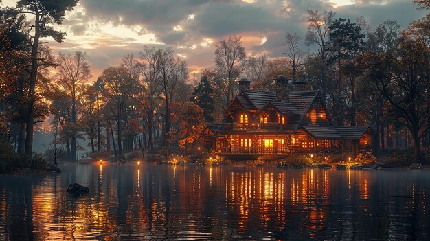 Dom przy jeziorze z włączonymi światłami.