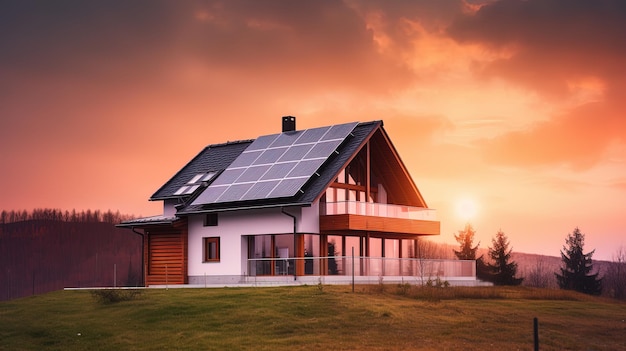 Zdjęcie dom rodzinny z panelami słonecznymi i systemem energii słonecznej o wschodzie słońca zachód słońca