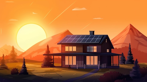 Dom rodzinny z panelami słonecznymi i systemem energii słonecznej o wschodzie słońca Zachód słońca