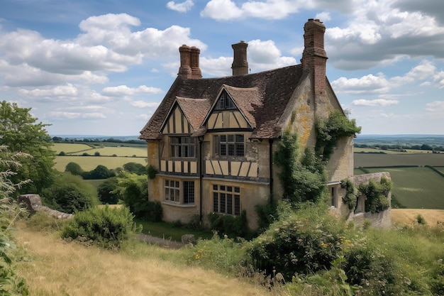 Dom Tudorów z widokiem na wzgórza i błękitne niebo na tle angielskiej wsi