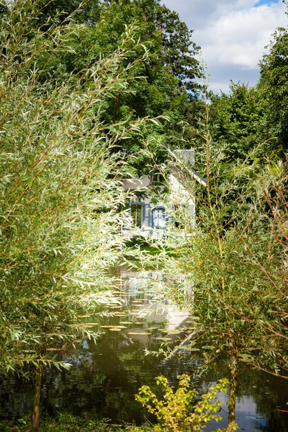Dom ukryty w roślinności drzew i kwiatów na skraju kanału w lecie.