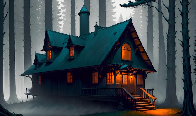 Dom w ciemnym głębokim lesie fantasy sci fi tajemniczy leśny krajobraz Wyprodukowano wysokiej jakości generatywną sztuczną inteligencję