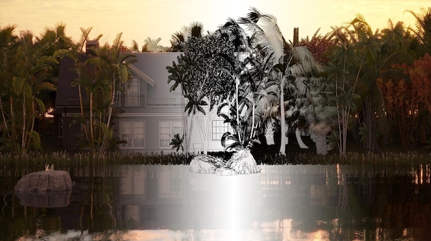 dom w dżungli na brzegu rzeki Renderowanie cg ilustracji 3D