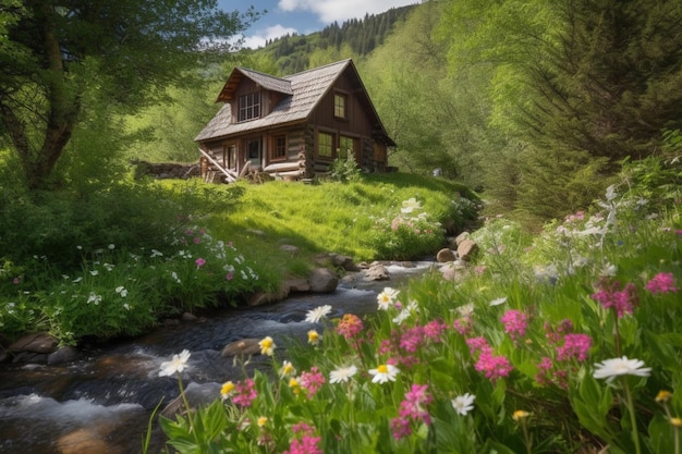 Dom w górach z kwiatami na pierwszym planie