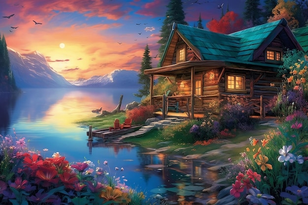 Dom w górskim krajobrazie z jeziorem i ogrodem kwiatowym o zachodzie słońca