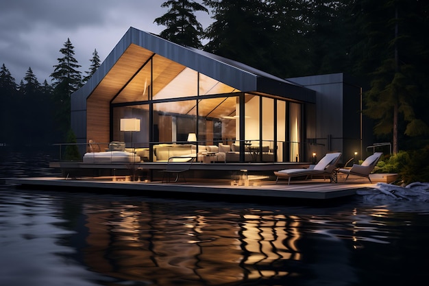 Dom w jeziorze na dużym pokładzie w stylu kabiny
