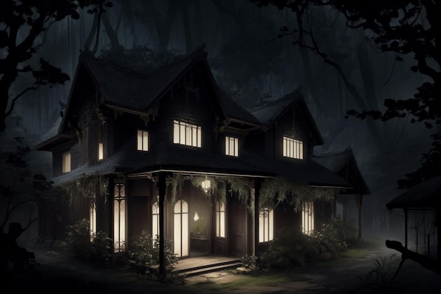 Dom w lesie w nocy
