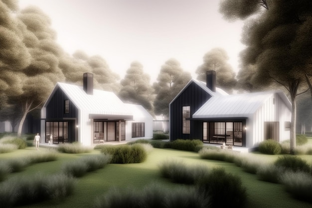 Zdjęcie dom w lesie z białym dachem i czarnym dachem.