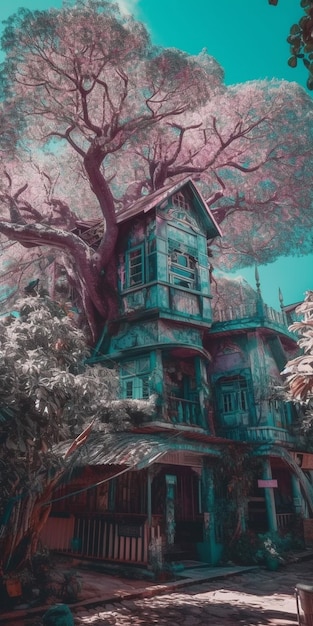 Dom w lesie z drzewem na przodzie