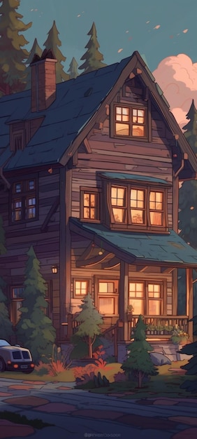 Dom w lesie z drzewem z przodu