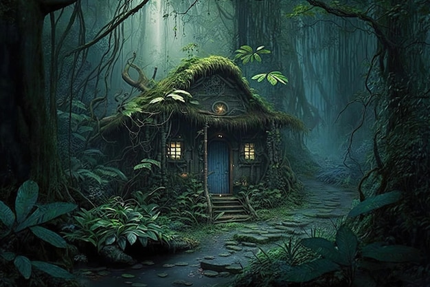 Dom w lesie z mchem na dachu