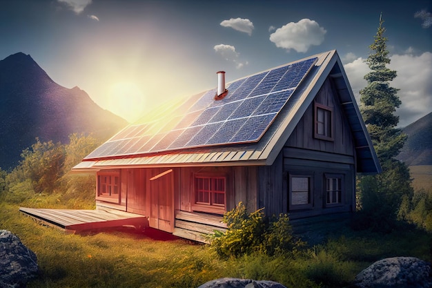Zdjęcie dom w lesie z panelami słonecznymi generative ai generative ai