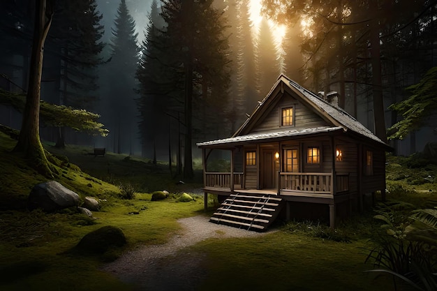Dom w lesie z włączonymi światłami