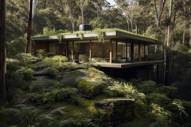 Dom w lesie z zielonym dachem i roślinami na ziemi.