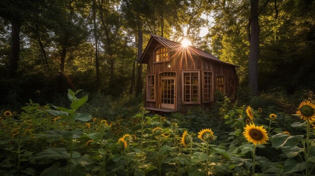 Dom w lesie ze słonecznikami w tle