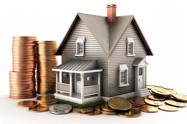 Zdjęcie dom w miniaturze i monety na białym tle kredyty hipoteczne inwestycje nieruchomości i nowe