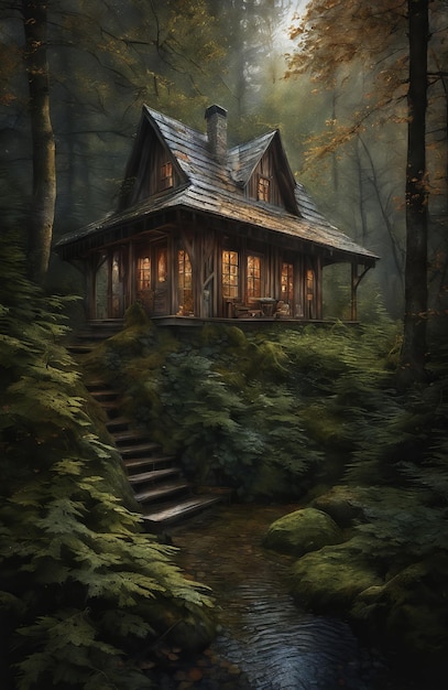 Dom w mistycznym lesie Generatywna sztuczna inteligencja