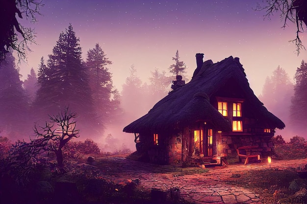 Dom w nocnym lesie z drewnianym dachem na ciemnym polu z drzewami iglastymi ilustracja 3d