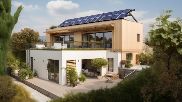 Dom w nowoczesnej architekturze otoczony roślinnością i panelami słonecznymi Generative AI ładuje samochód elektryczny w pobliżu domu za pomocą ładowarkix9