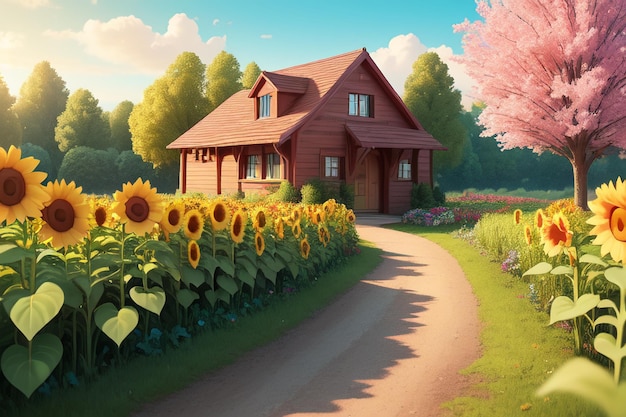 Dom w polu słoneczników