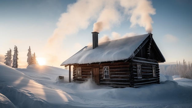 Dom w śniegu, z którego wydobywa się dym