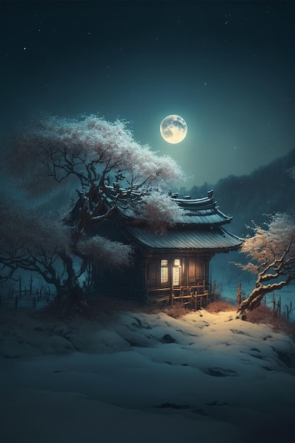 Dom w śniegu z pełnią księżyca w tle generatywna ai
