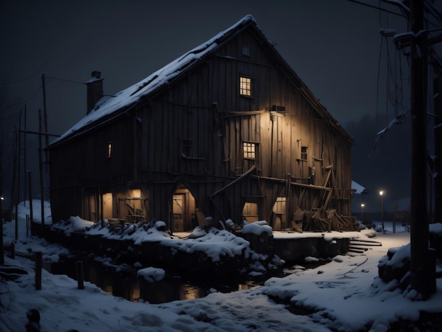 Dom w śniegu z włączonymi światłami