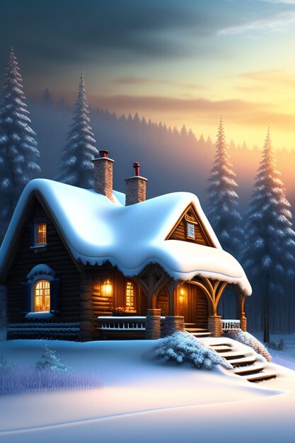 Dom w śniegu z włączonymi światłami
